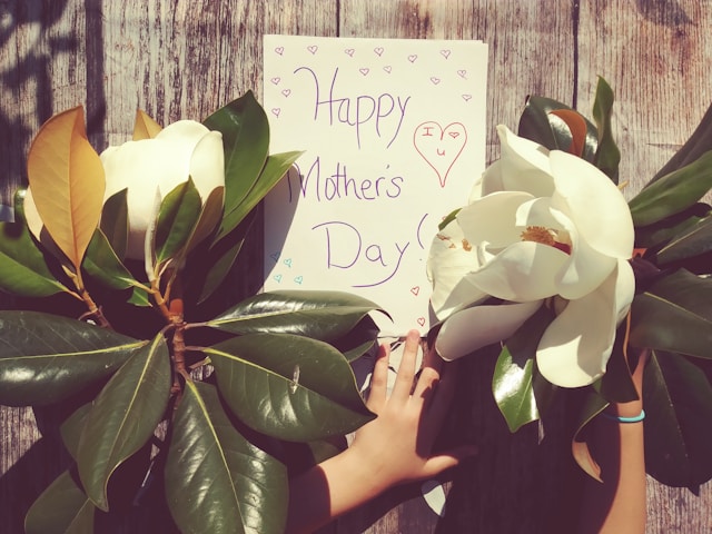 happymother'sdayと書かれた紙の周りに、白くて大きな花の植物が置いてある画像