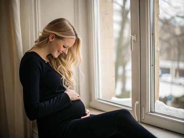 妊娠している女性がお腹を支えて窓際に腰を掛けている画像