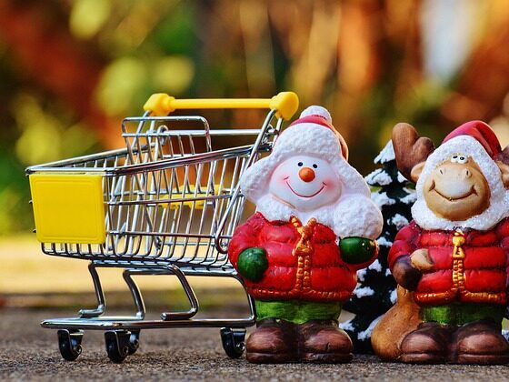 クリスマスの人形とカートが置いてある画像