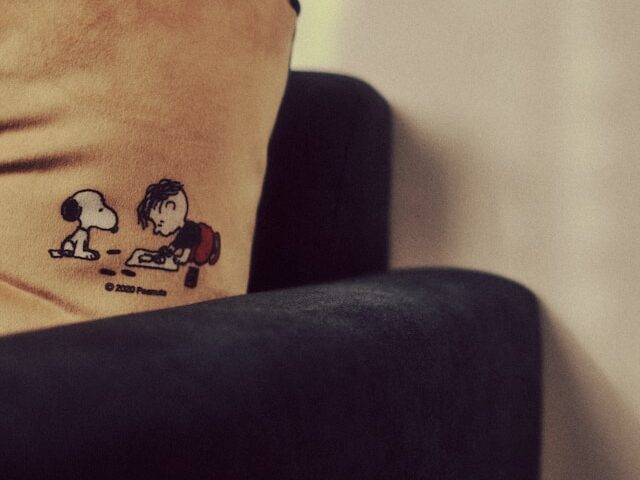 スヌーピーのプリントがあるソファーの画像
