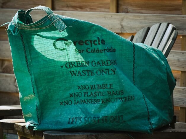 緑の大きなバッグが木のベンチに置いてある画像