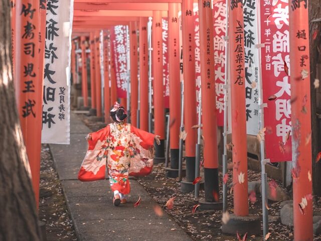 着物を着た女の子が並ぶ鳥居の下を歩いている画像