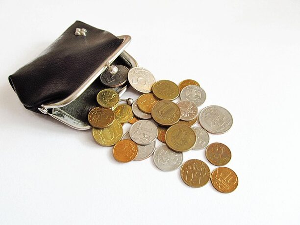 がま口からたくさんのコインが出ている画像