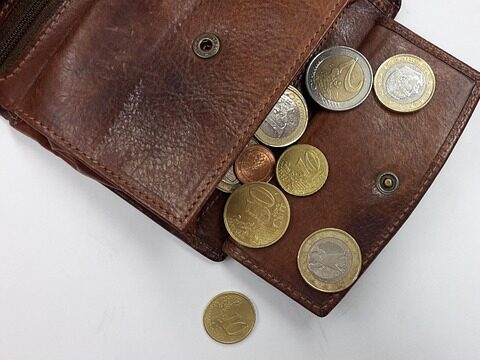 茶色いレザーの財布からcoinが出ている画像