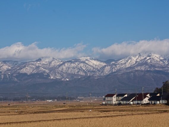 山と田んぼと家が見える画像