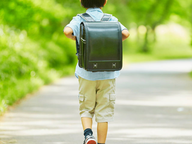 黒いランドセルを背負っている男の子の後姿の画像