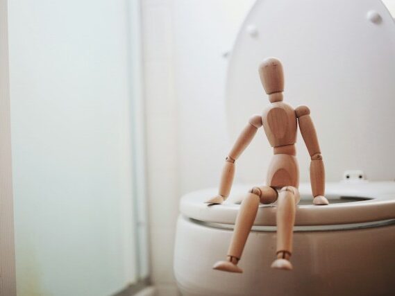 木の人形がトイレに座っている画像