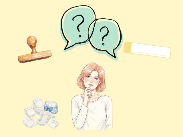 女性がスタンプかシールか迷っているイラスト画像